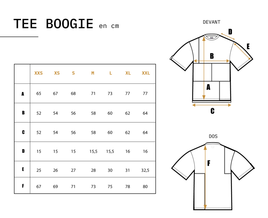Guide des tailles (en cm) t-shirt Boogie 2nde Chance