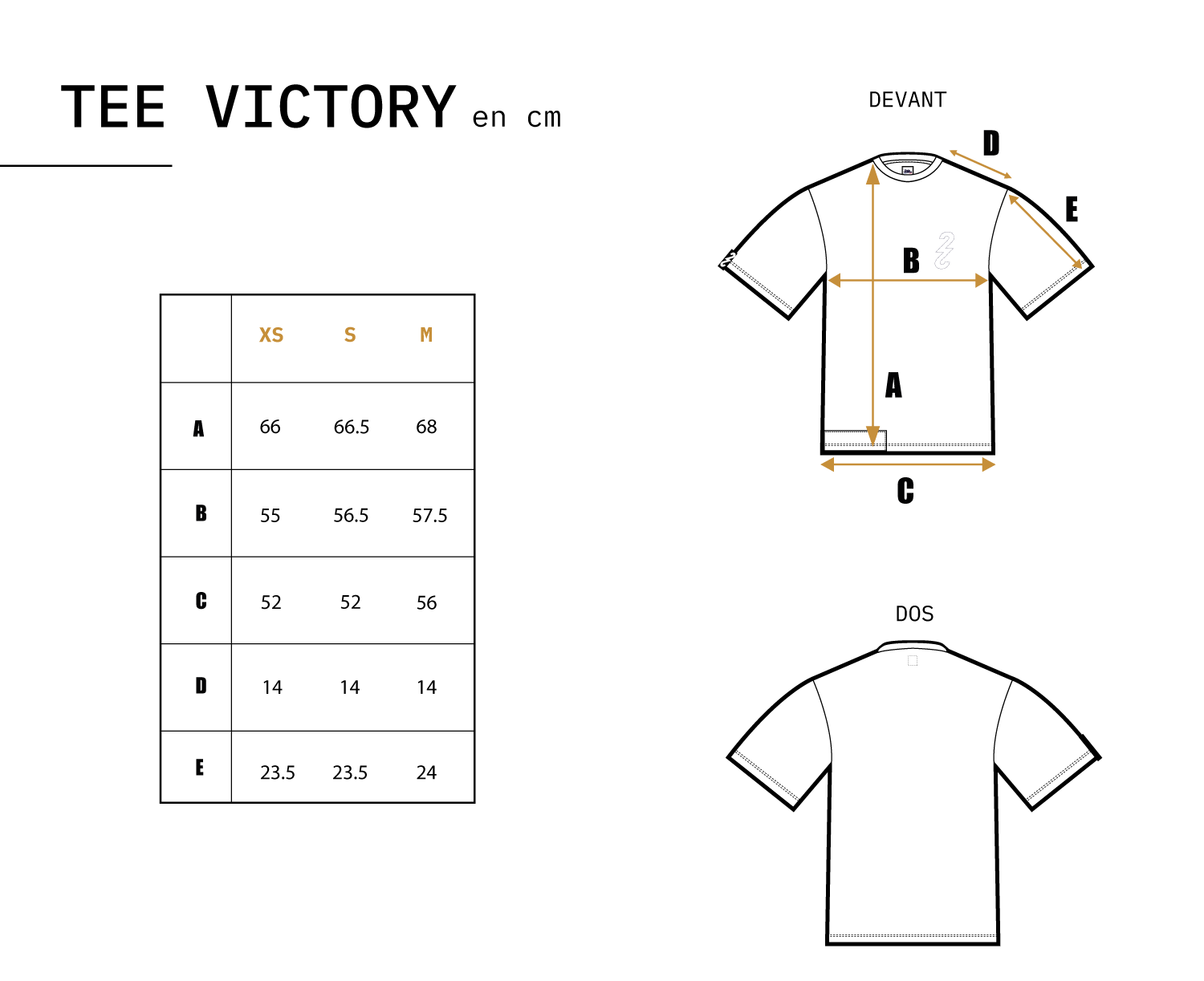 Guide des tailles (en cm) pour le t-shirt Victory